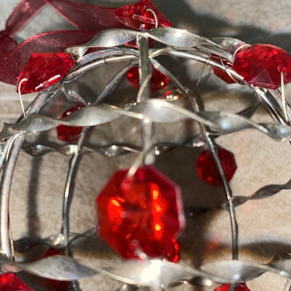 Handmade Twisted Silver Beaded Christmas Ornament w/Red Jewel Beads-3-3/4” Round - Picture 8 of 8
